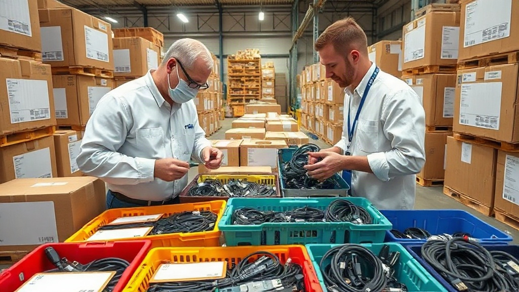 Nhân viên kho lấy mẫu cáp sạc từ nhiều thùng để kiểm tra theo lô