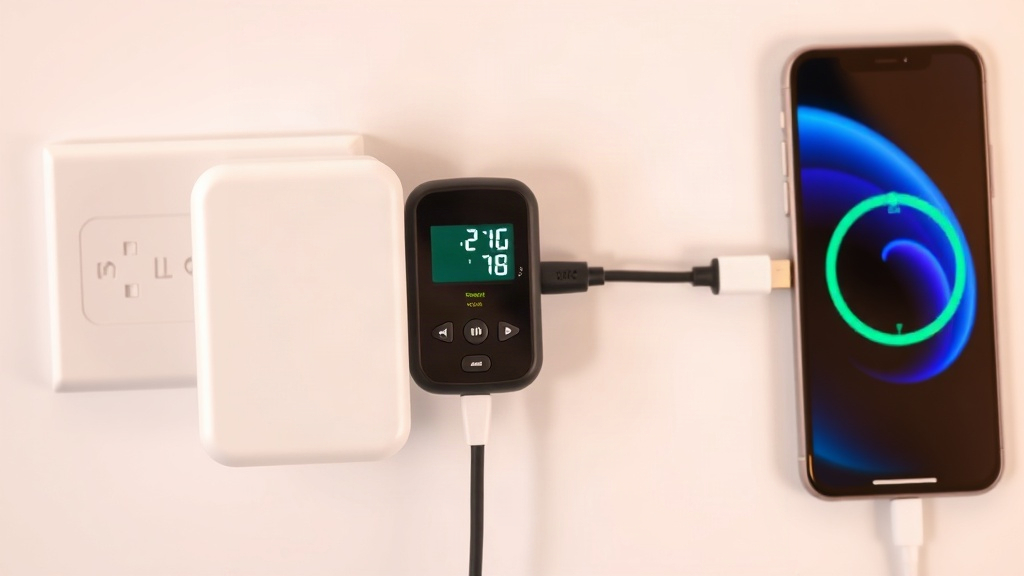 Thiết bị đo điện được nối giữa củ sạc, cáp USB-C và điện thoại Thiết bị đo điện được nối giữa củ sạc, cáp USB-C và điện thoại