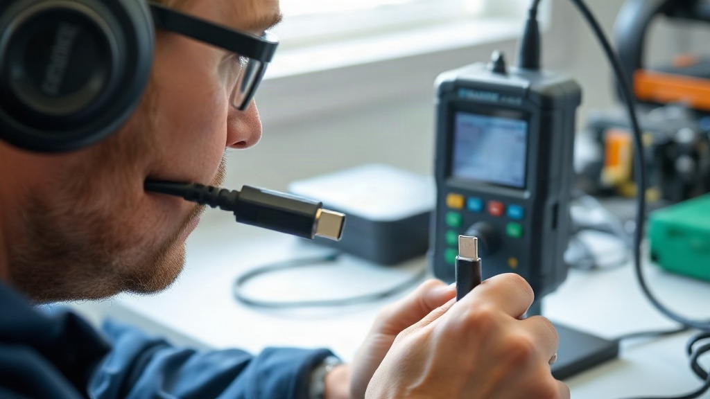 Kỹ thuật viên kiểm tra chuẩn PD, dòng điện và chip e-marker của cáp USB-C Kỹ thuật viên kiểm tra chuẩn PD, dòng điện và chip e-marker của cáp USB-C