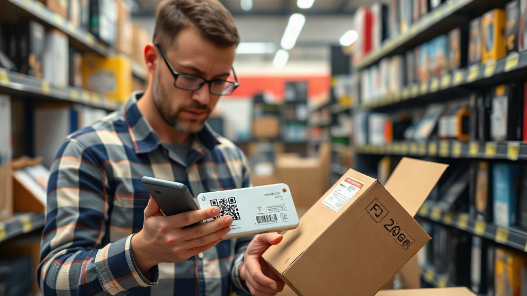 Chủ shop kiểm tra mã xác thực và đối chiếu mẫu sạc dự phòng với hàng giao