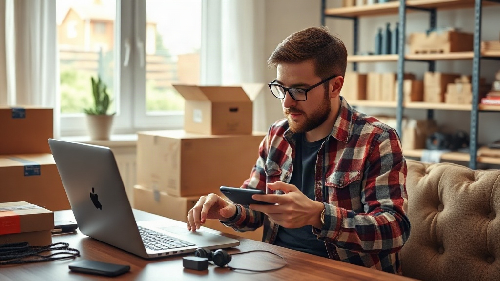 Người bán online đóng gói phụ kiện điện thoại và kiểm tra website bán hàng Người bán online đóng gói phụ kiện điện thoại và kiểm tra website bán hàng