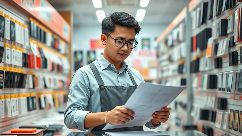 Chủ shop hoàn tất bước kiểm tra hồ sơ kinh doanh phụ kiện điện thoại Chủ shop hoàn tất bước kiểm tra hồ sơ kinh doanh phụ kiện điện thoại