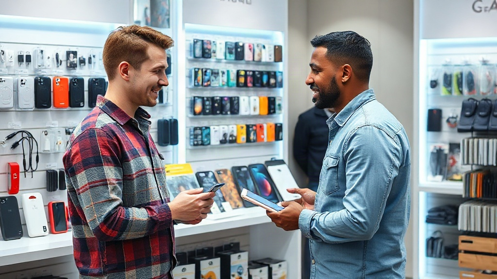 Khách hàng trao đổi với chủ shop về các loại phụ kiện điện thoại