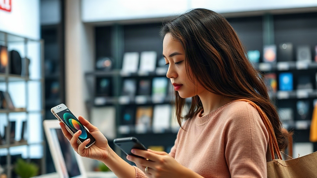 Người mua đối chiếu hai loại sạc dự phòng với điện thoại trước khi quyết định