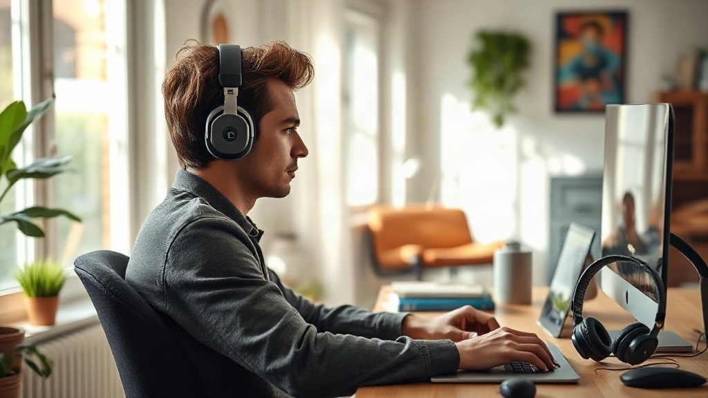 Người dùng đeo tai nghe lâu khi làm việc tại bàn Người dùng đeo tai nghe lâu khi làm việc tại bàn