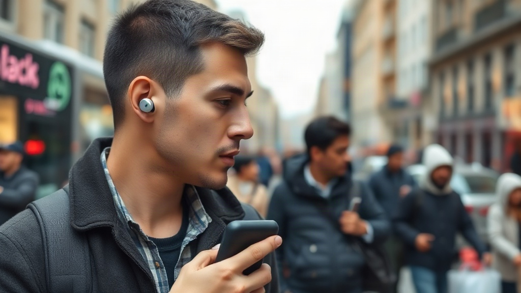 Người dùng đeo tai nghe true wireless khi di chuyển và cầm hộp sạc Người dùng đeo tai nghe true wireless khi di chuyển và cầm hộp sạc