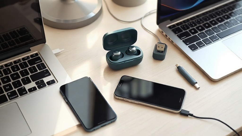 Tai nghe true wireless cùng hộp sạc, điện thoại và máy tính xách tay Tai nghe true wireless cùng hộp sạc, điện thoại và máy tính xách tay