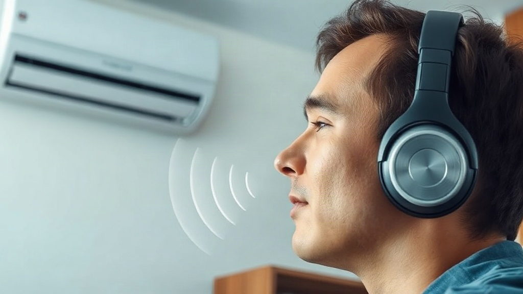 Người đeo tai nghe ANC trong môi trường có tiếng ù từ điều hòa Người đeo tai nghe ANC trong môi trường có tiếng ù từ điều hòa