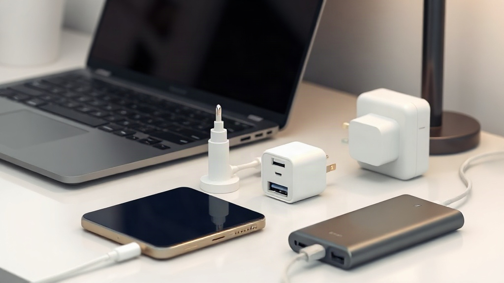 Các đầu cáp USB-C và USB-A bên cạnh củ sạc, máy tính, điện thoại và pin dự phòng Các đầu cáp USB-C và USB-A bên cạnh củ sạc, máy tính, điện thoại và pin dự phòng