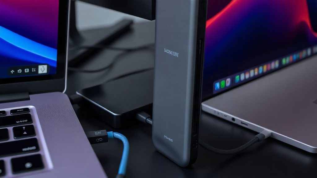 Máy tính kết nối ổ SSD và màn hình qua các cổng USB-C để truyền dữ liệu và hình ảnh Máy tính kết nối ổ SSD và màn hình qua các cổng USB-C để truyền dữ liệu và hình ảnh