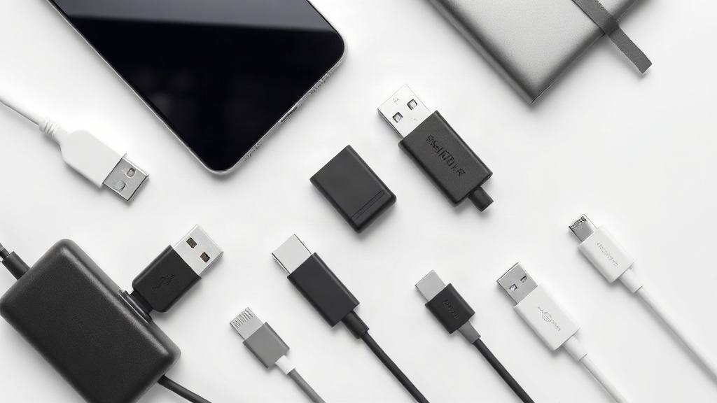 Các đầu cáp USB-C và USB-A được sắp xếp cùng thiết bị sạc phổ biến Các đầu cáp USB-C và USB-A được sắp xếp cùng thiết bị sạc phổ biến