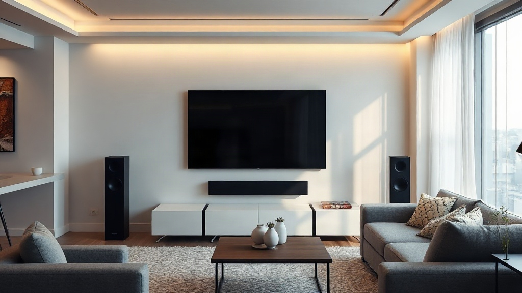 Hệ thống soundbar và loa vòm trong phòng khách dùng để xem phim Hệ thống soundbar và loa vòm trong phòng khách dùng để xem phim