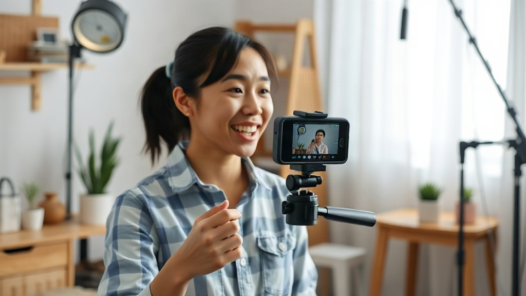 Người bán quay video giới thiệu sản phẩm bằng điện thoại và đèn hỗ trợ Người bán quay video giới thiệu sản phẩm bằng điện thoại và đèn hỗ trợ