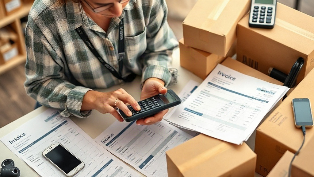 Chủ cửa hàng tính tổng chi phí và số lượng nhập sỉ phụ kiện điện thoại