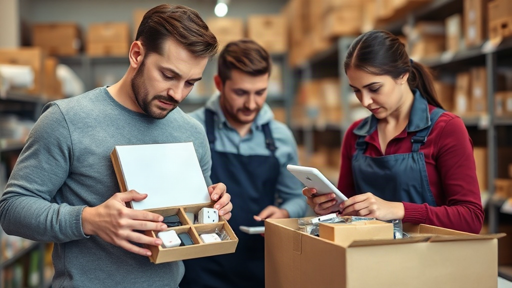 Nhân viên cửa hàng kiểm đếm phụ kiện điện thoại trong đơn nhập thử