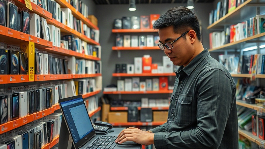 Chủ cửa hàng theo dõi tồn kho để định giá và lên kế hoạch tái nhập phụ kiện