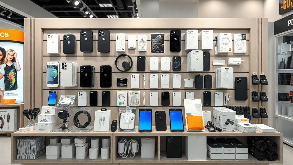 Danh mục phụ kiện điện thoại thiết yếu được sắp xếp trong cửa hàng