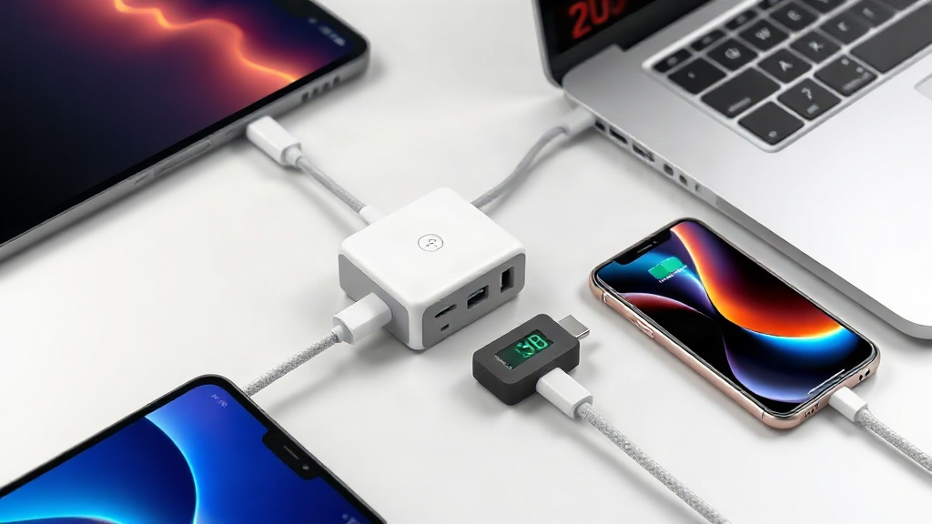 Cáp USB-C và củ sạc được đối chiếu với điện thoại, máy tính bảng và laptop