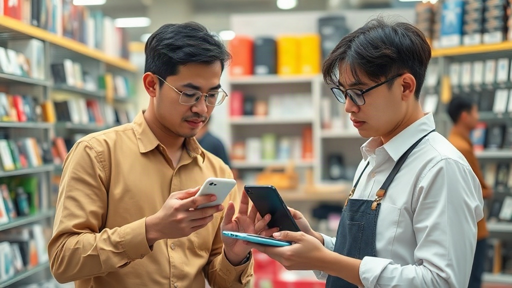 Người bán so sánh mẫu phụ kiện theo chất lượng và nhu cầu khách hàng