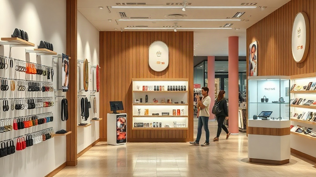 Kệ mở, tủ kính khóa và quầy kiosk trong cửa hàng phụ kiện điện thoại