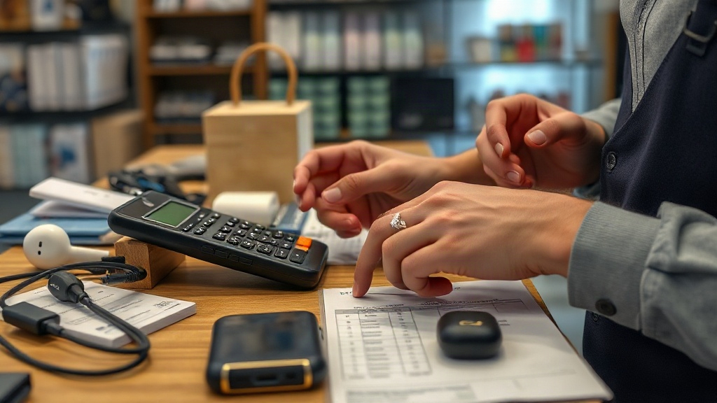 Chủ cửa hàng dùng máy tính để xác định giá bán phụ kiện điện thoại