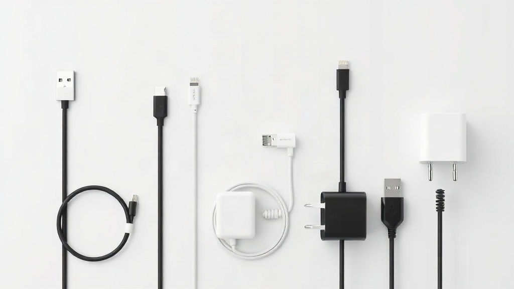 Các nhóm cáp USB-C, cáp Lightning và củ sạc nhiều cổng được đặt cạnh nhau