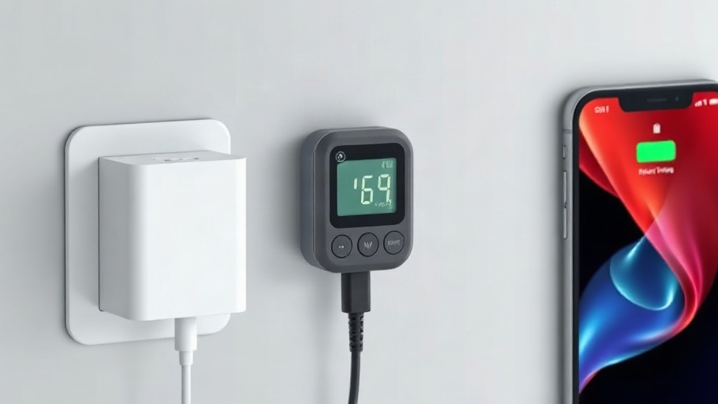 Thiết bị đo điện được nối giữa củ sạc, cáp USB-C và điện thoại Thiết bị đo điện được nối giữa củ sạc, cáp USB-C và điện thoại